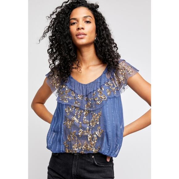 New Free People Sequin Tulle Convertible OTS Top $168 Blue Small - Picture 1 of 7